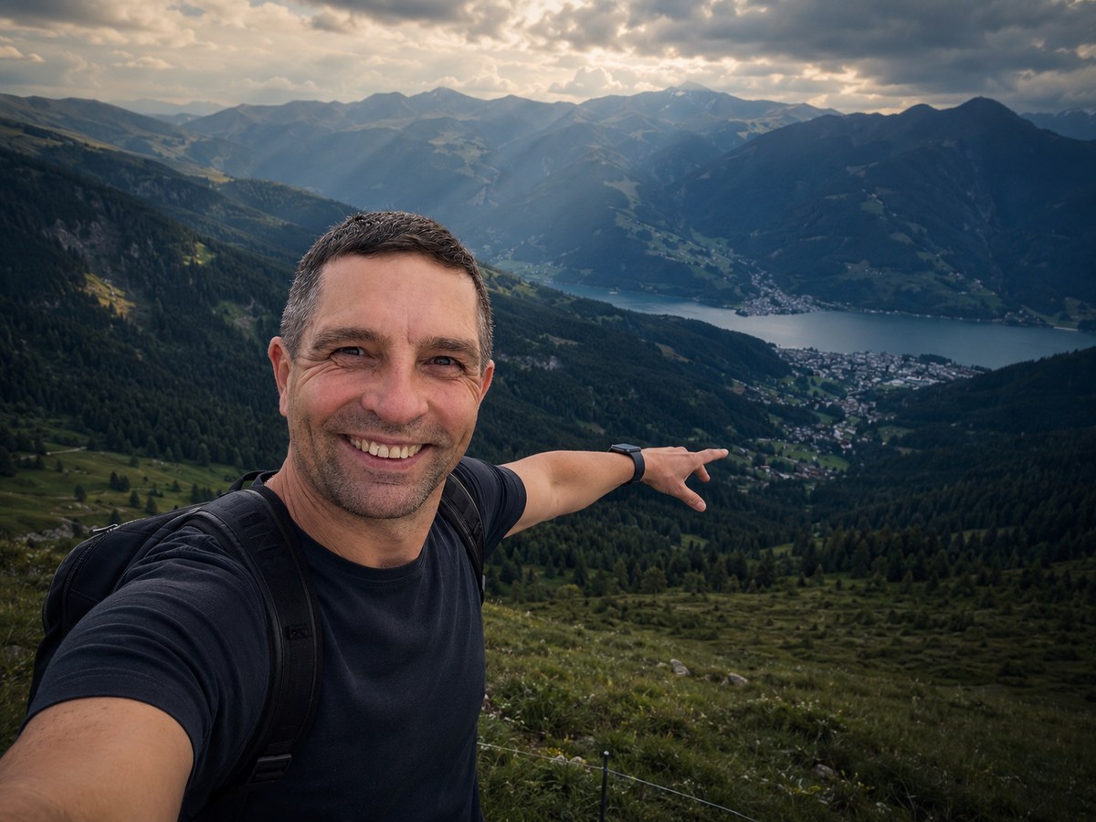 Alexandr Kulpin in the mountains above a lake