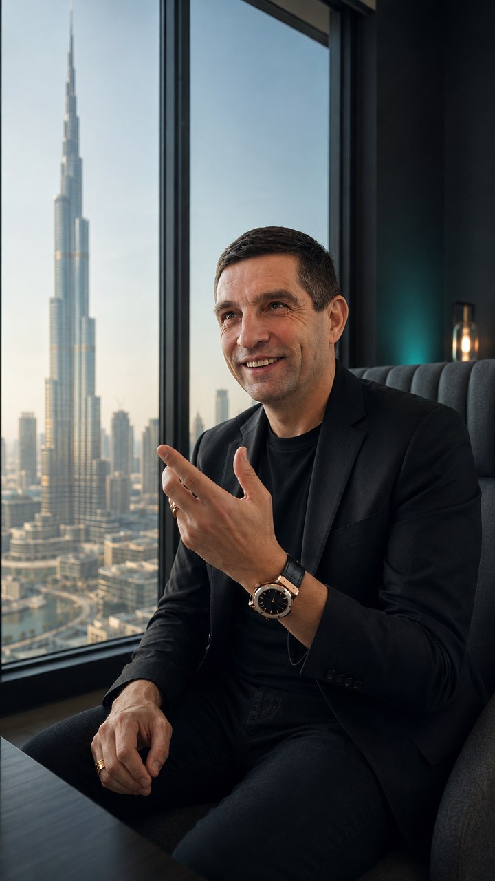 Alexandr Kulpin in conversation with the Dubai skyline behind him